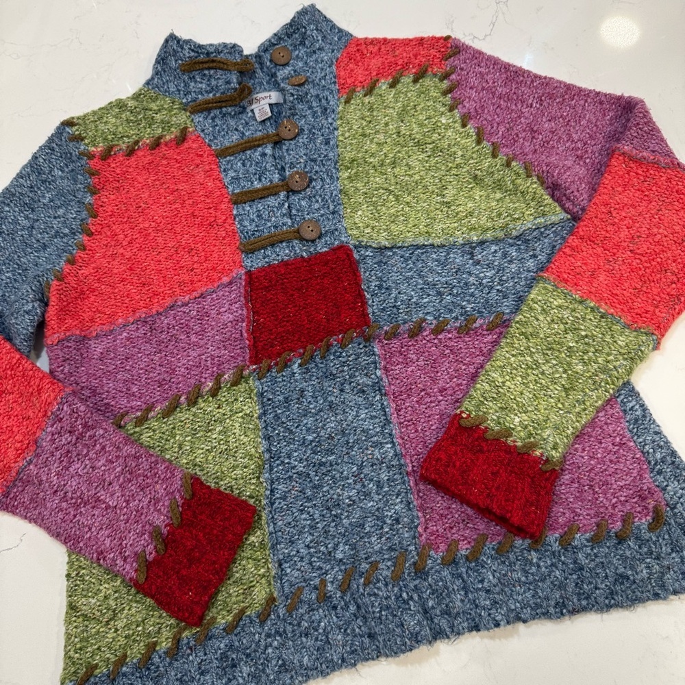 Vintage 90’s PBJ Sport Colorful Patchwork Sweater with Button Detail (S) EUC